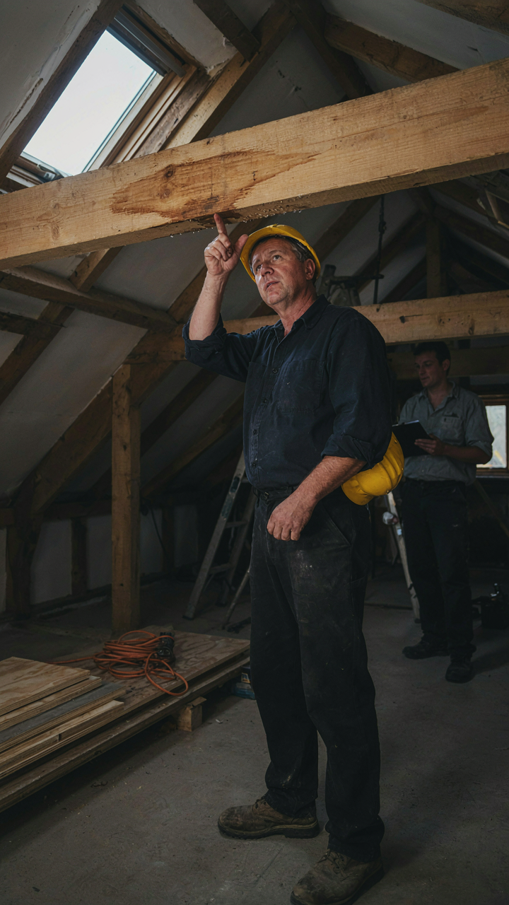 A builder points to discoloration on a wooden beam in a tiny cottage loft.