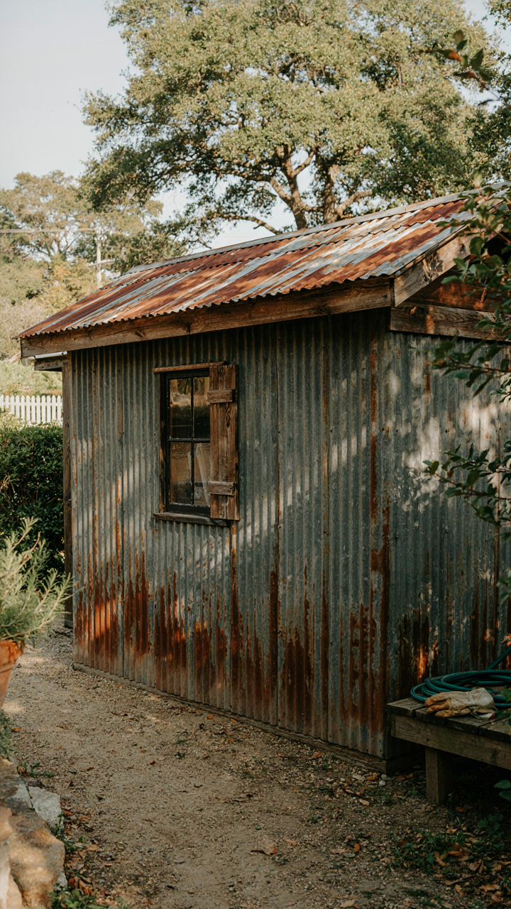 An exterior of a she shed with distinctive corrugated metal siding and deep eaves.