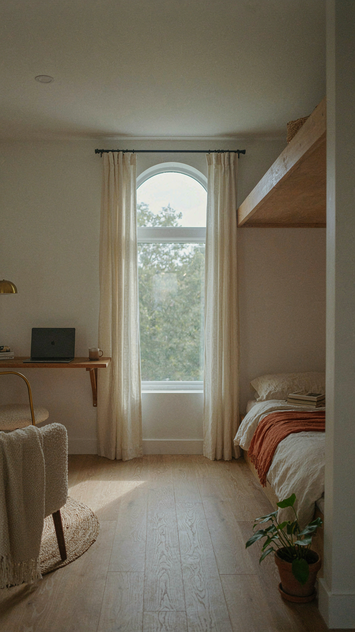 A modern mini cottage interior has a desk and a loft bed.