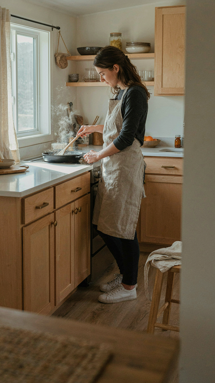 A compact kitchen in a tiny house, with a person cooking.