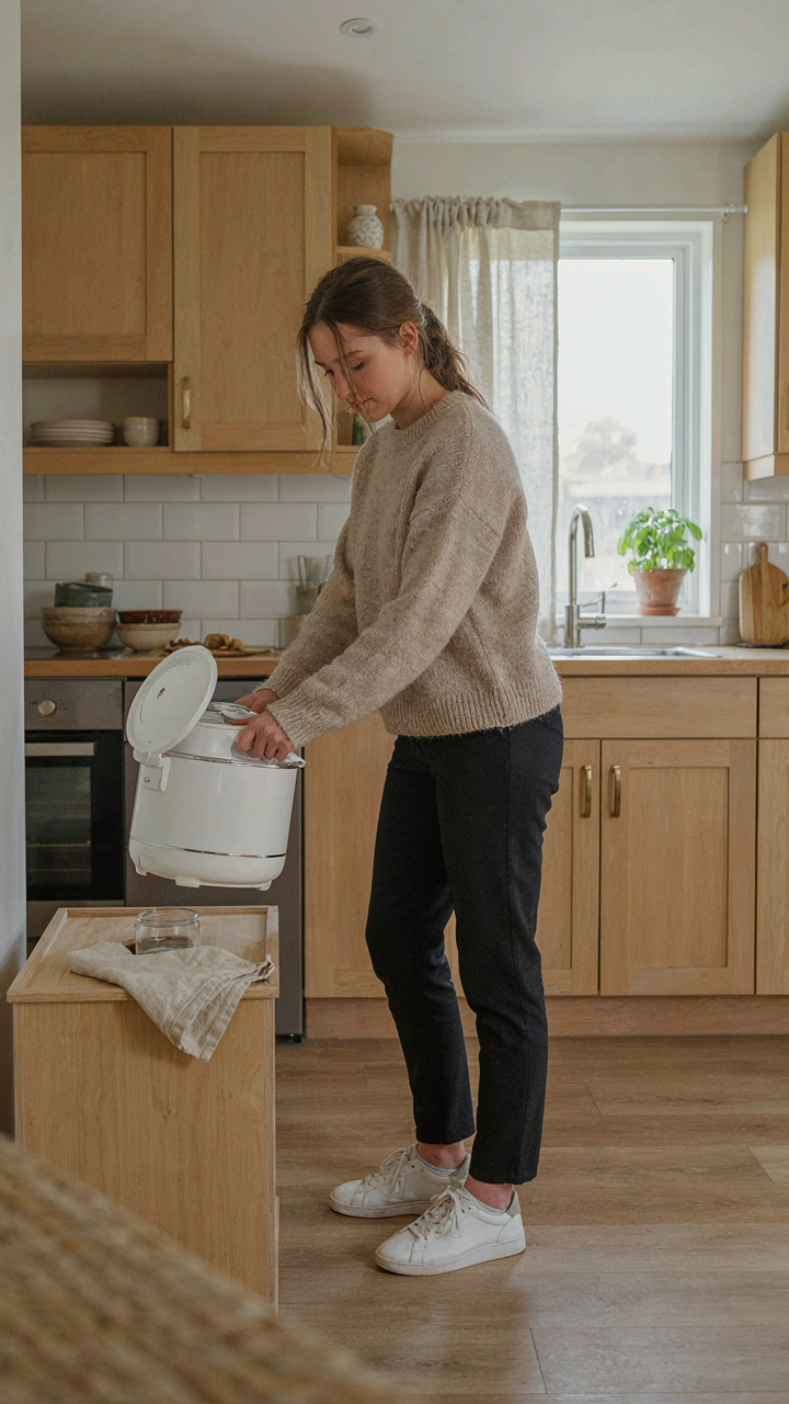 A person puts a bread maker into a donation box in a tidy kitchen.
