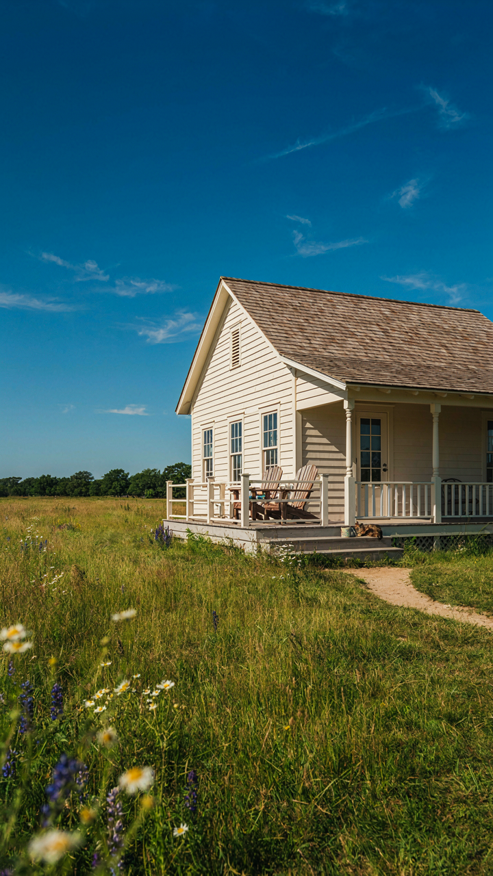 A tiny house with a large wraparound porch extending its living area.