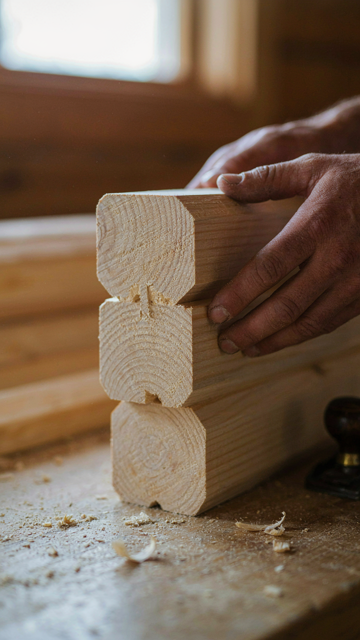 A craftsman's hands fit a complex log corner joint with precision.
