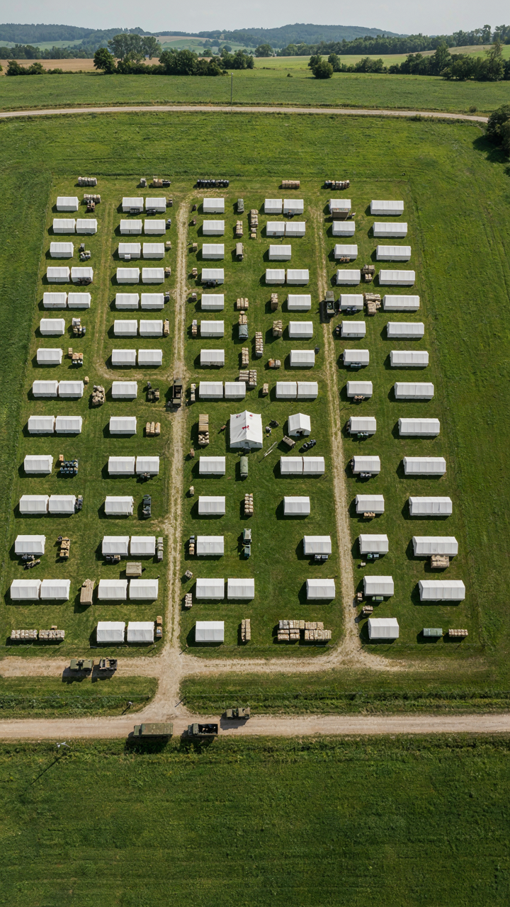 An organized military camp layout with clear pathways and supply lines.