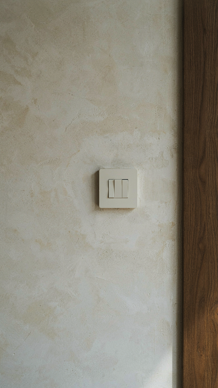 A modern outlet plate blends seamlessly into a restored lime plaster wall.