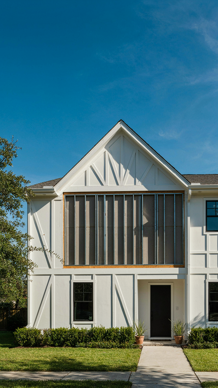 A modern house with cosmetic half-timbering on its facade.