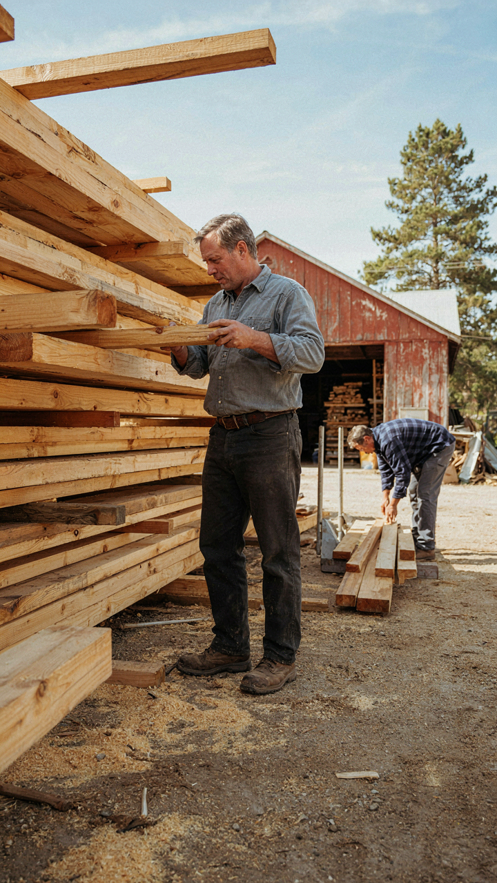 A builder selects local timber planks from a lumberyard.
