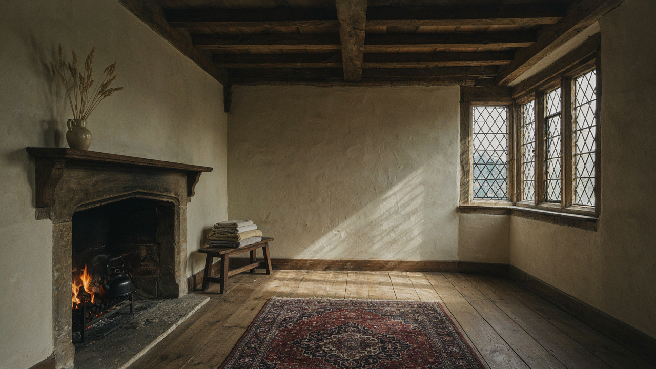 A wide view of a Tudor house interior with dark oak beams and light plaster walls.