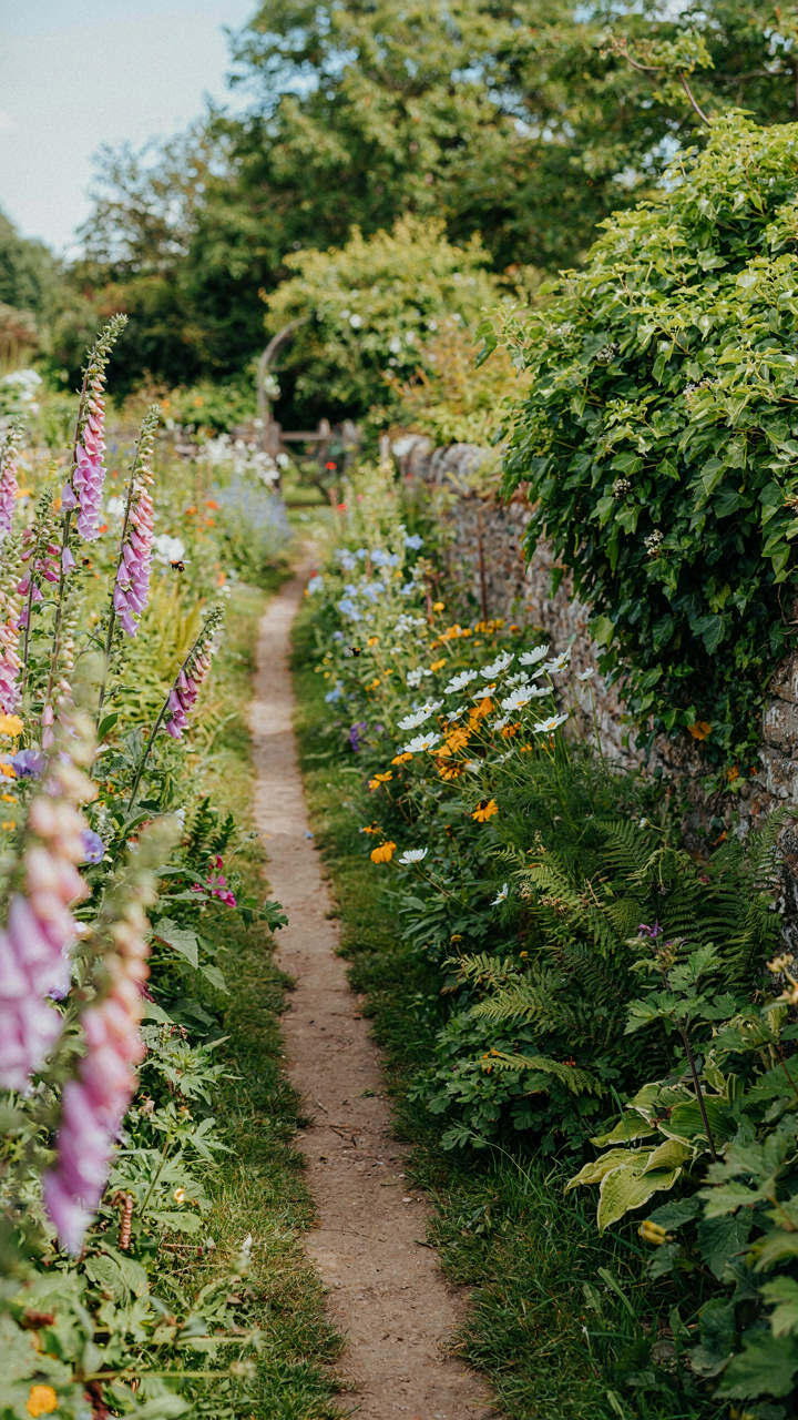 A narrow path winding through an overgrown garden with ivy and tall foxgloves.