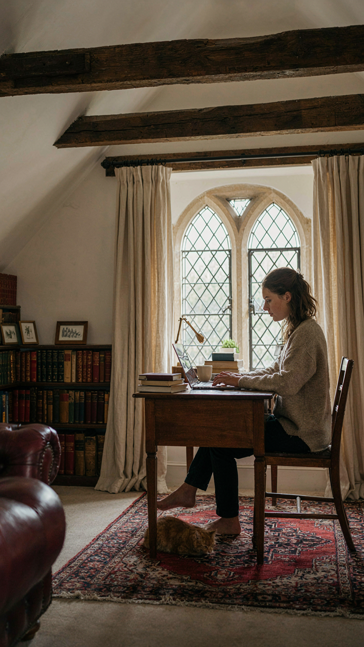 A person working in a modern home office inside a Tudor-style room.