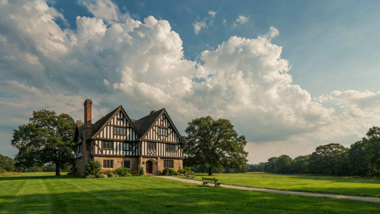 A beautiful tudor style house with dark timber and steep gables.