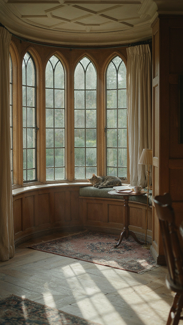 Inside a victorian house turret with multiple windows and a reading nook.