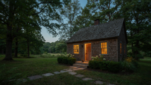 A charming two bedroom cottage with a lit porch and garden at dusk.