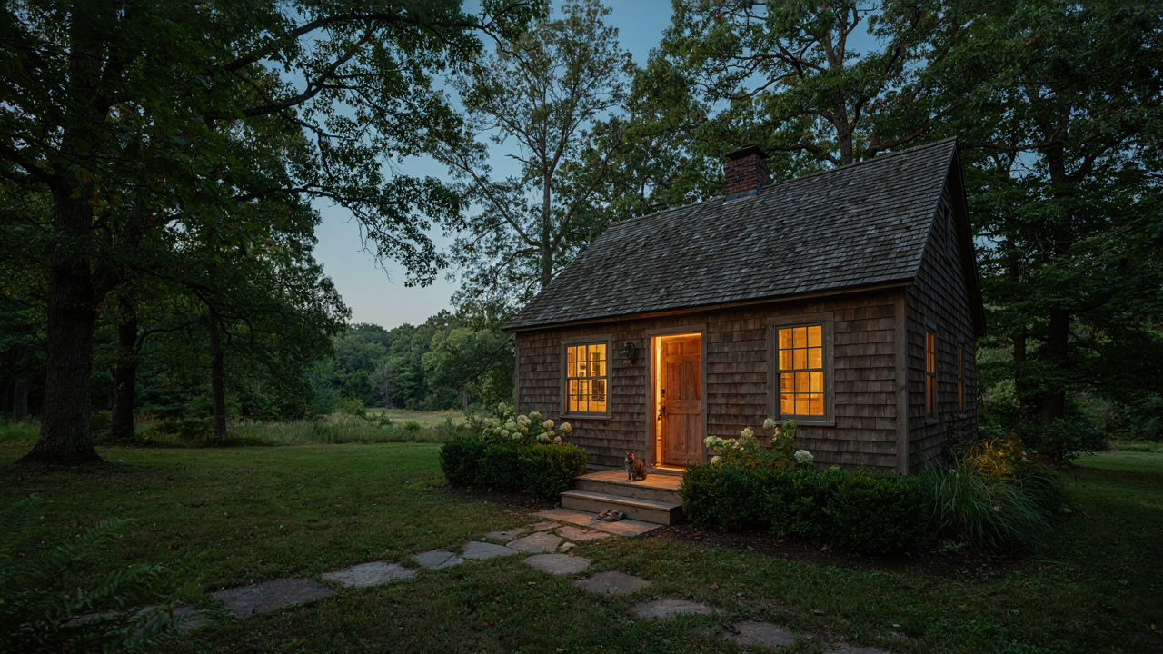 A charming two bedroom cottage with a lit porch and garden at dusk.