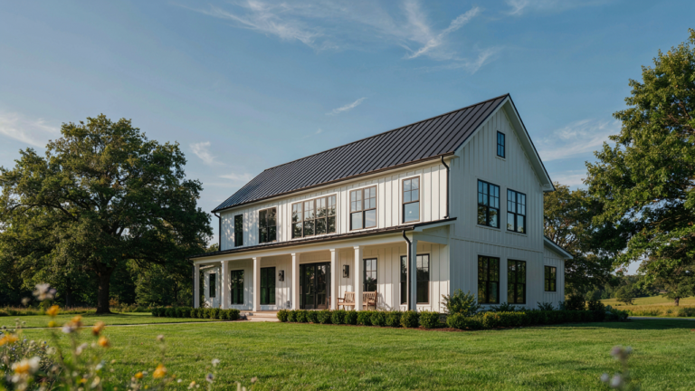 A beautiful two story farmhouse with modern design surrounded by green grass.
