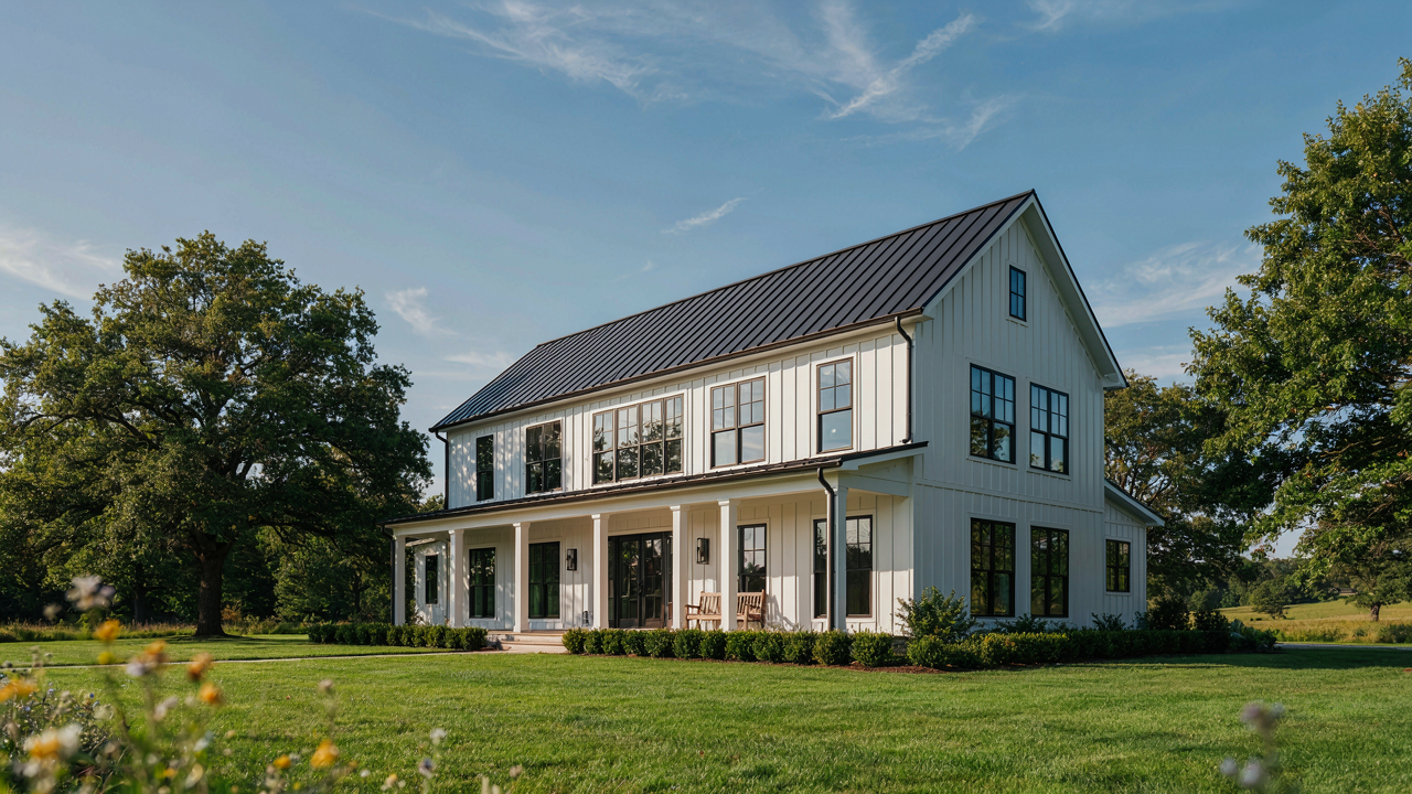A beautiful two story farmhouse with modern design surrounded by green grass.