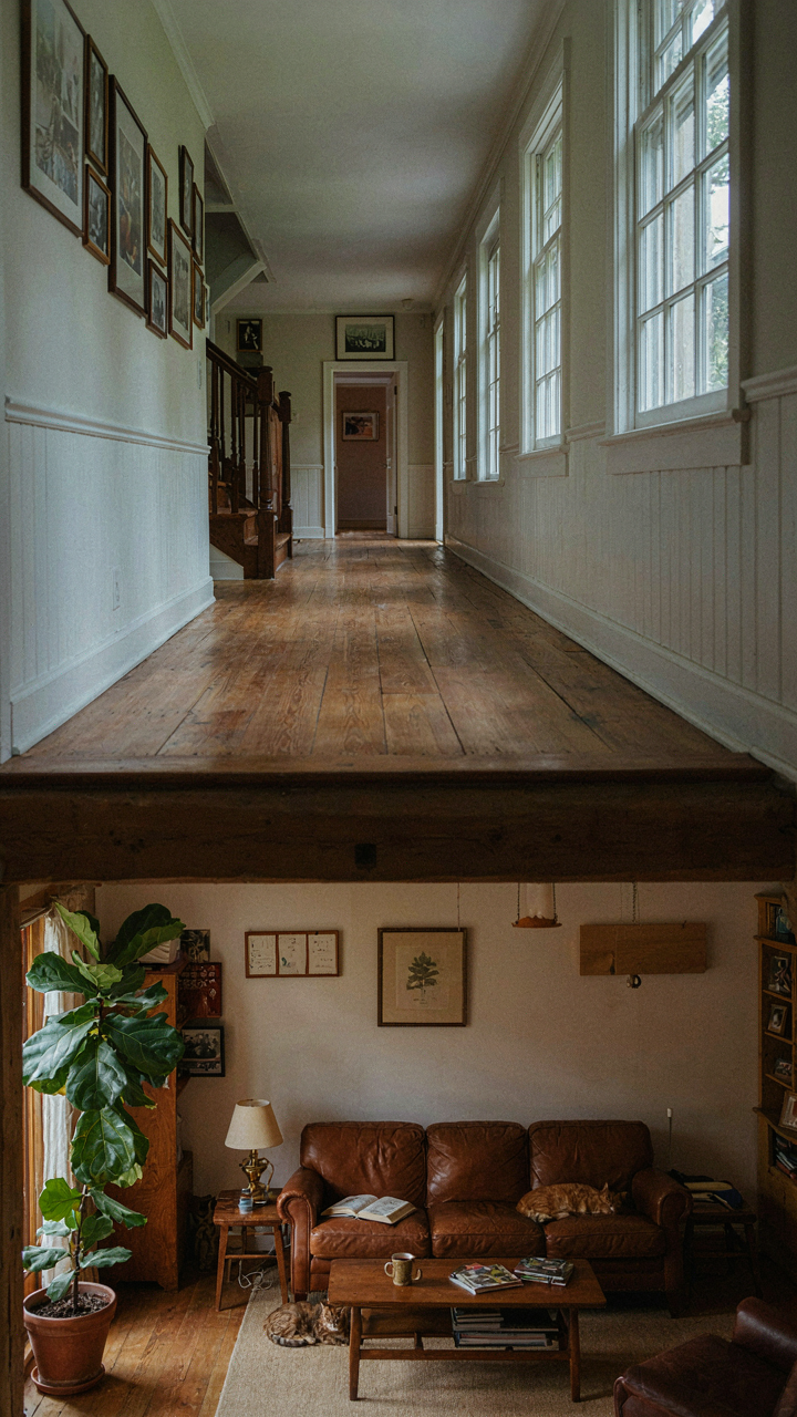 A two-story farmhouse interior with a quiet second-floor hallway above a bustling living area.