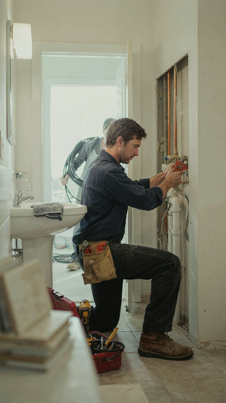 A handyman accesses plumbing behind a removable wall panel.