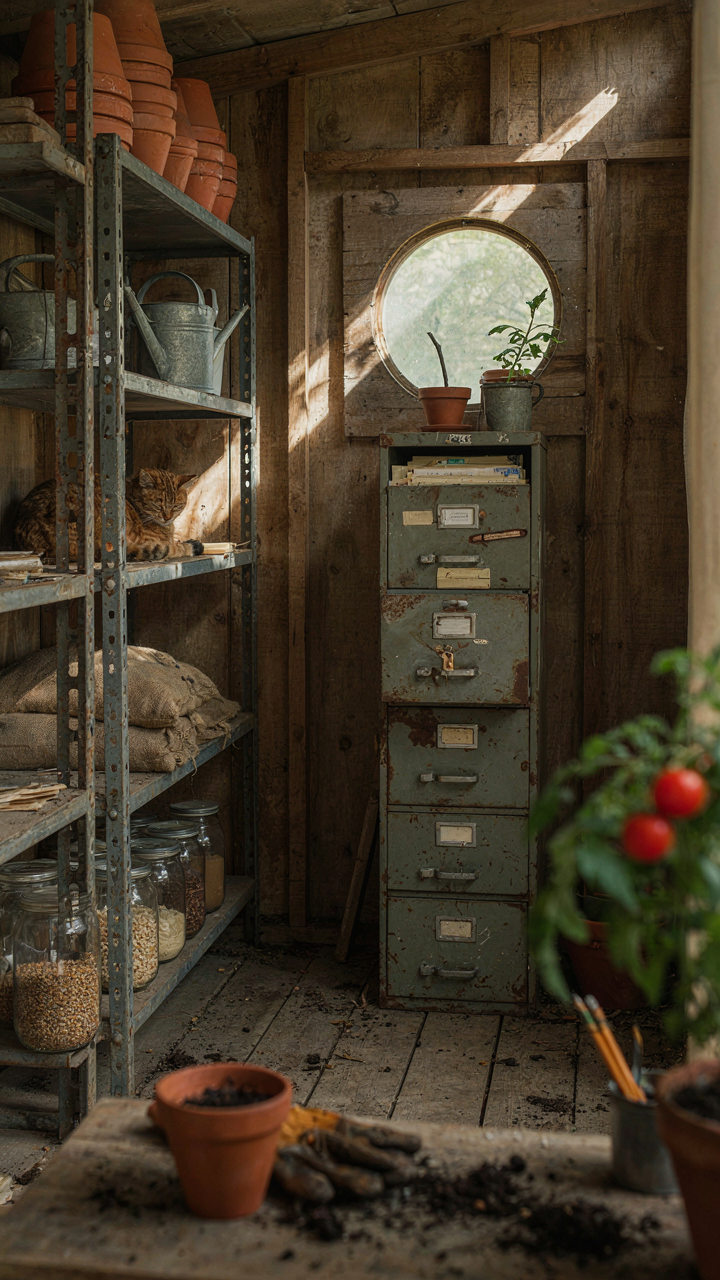 Industrial metal shelves and a repurposed filing cabinet organize a potting shed.
