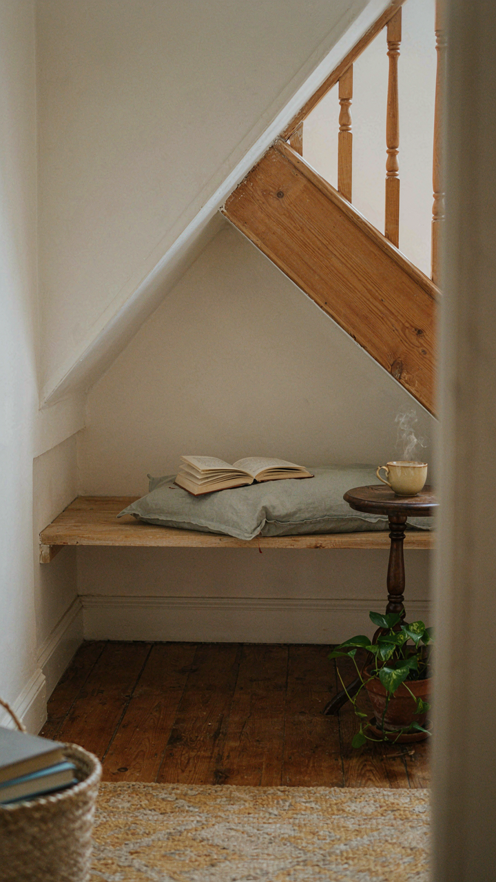 A cozy reading nook built under a cottage staircase with a bench.