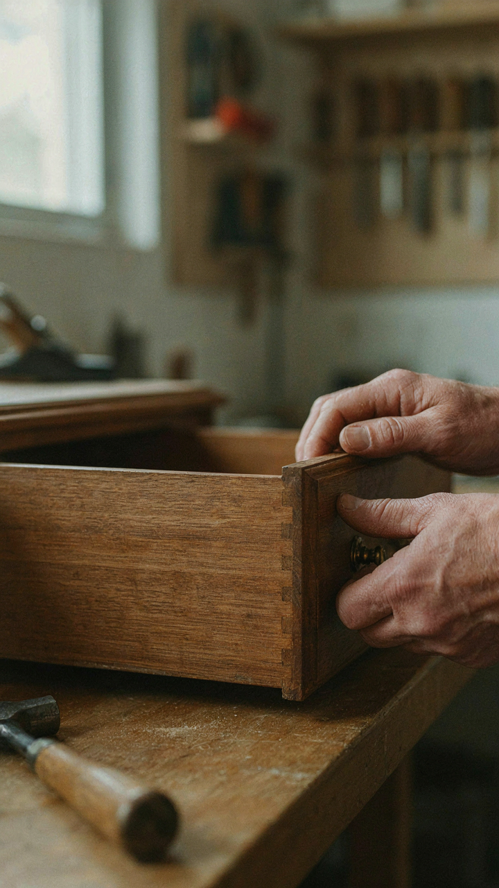 Hands examine the dovetail joints on an antique wooden dresser drawer.