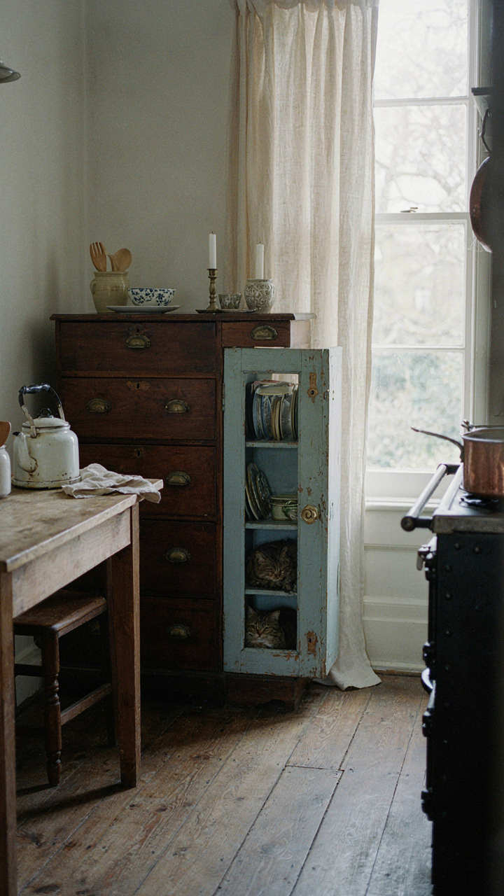 A rustic cottage kitchen with a mismatched pine dresser and painted cupboard.