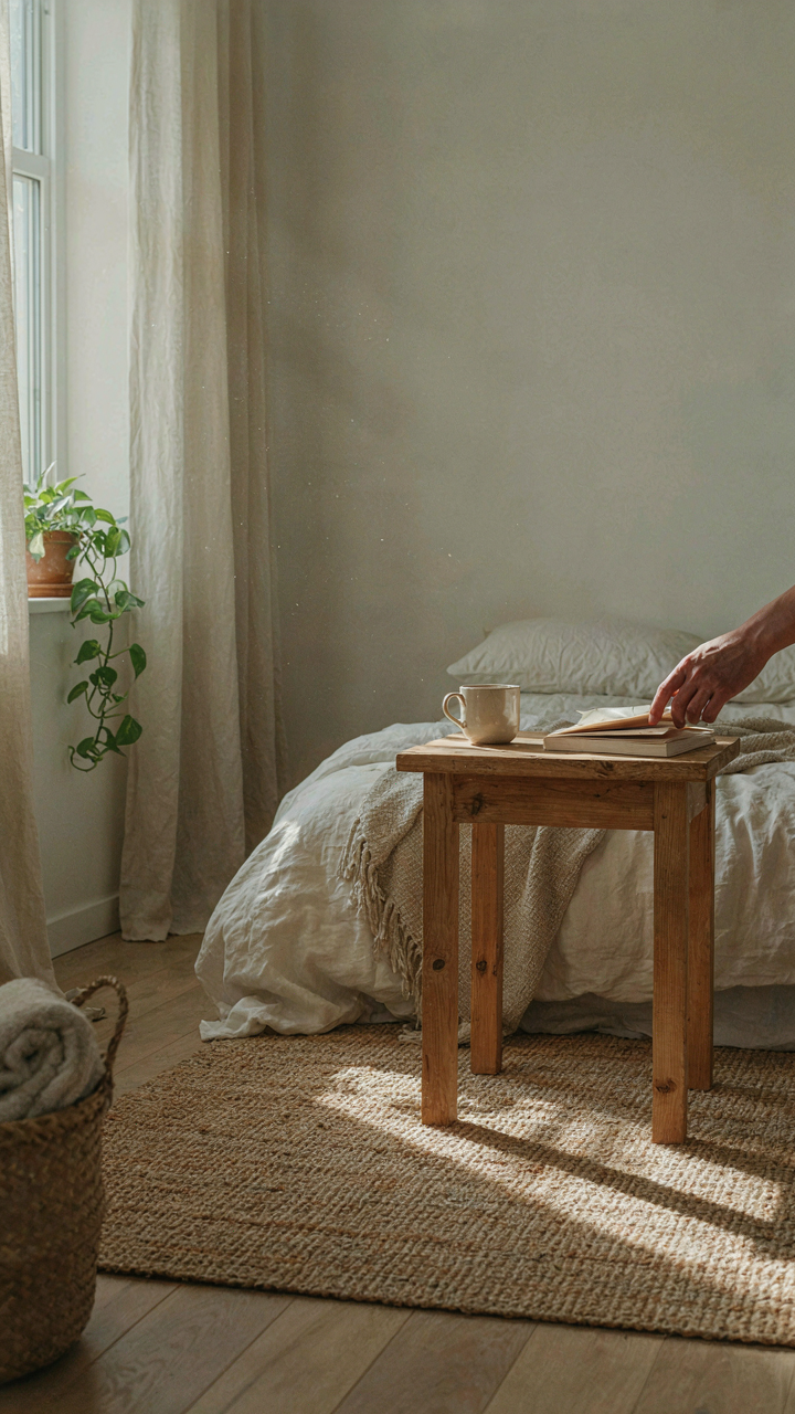 A hand touching a natural wood bedside table in a serene coastal bedroom.