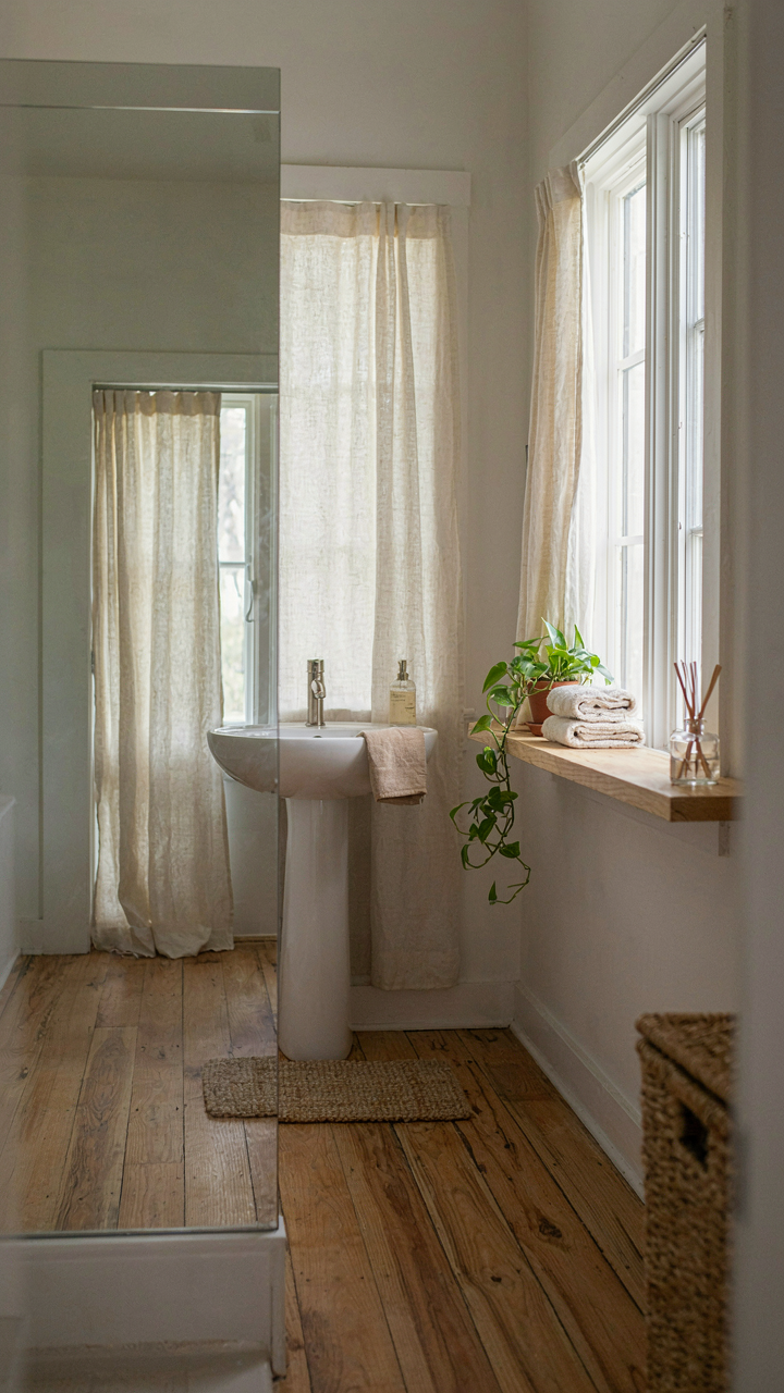 A large mirror reflects light and expands space in a small cabin bathroom.