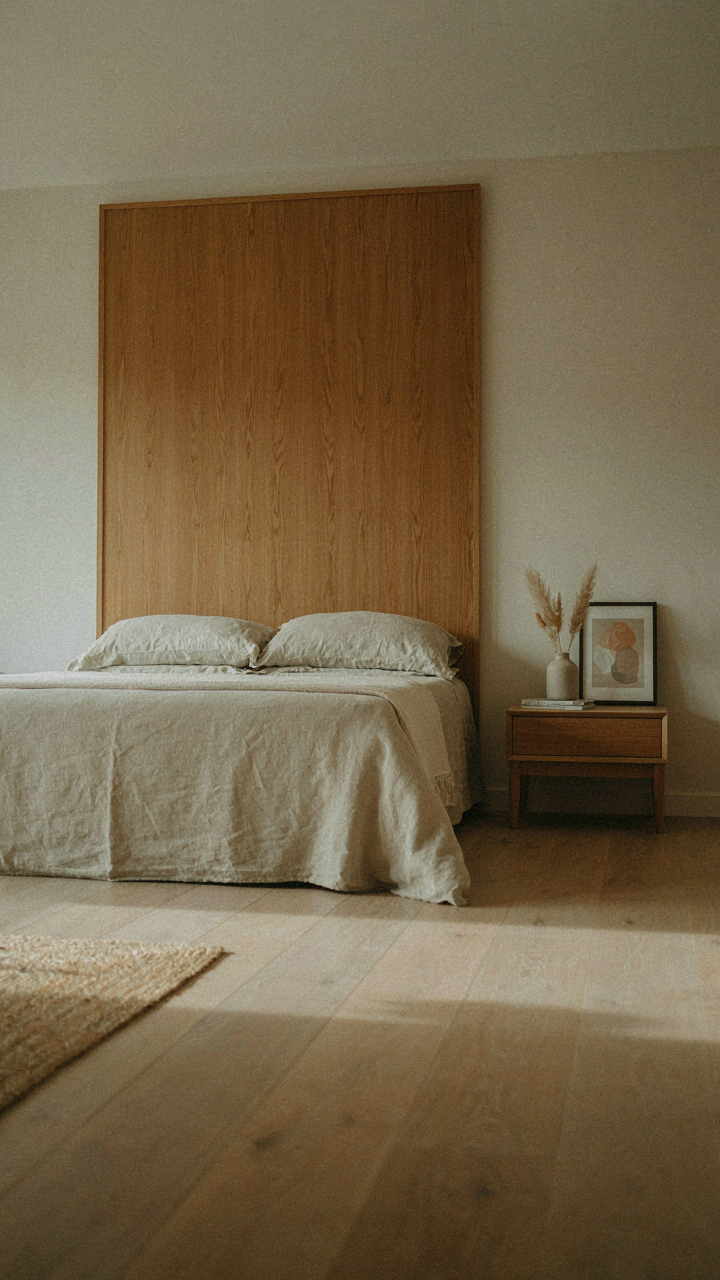 A simple bedroom with a wooden headboard as the main focal point.