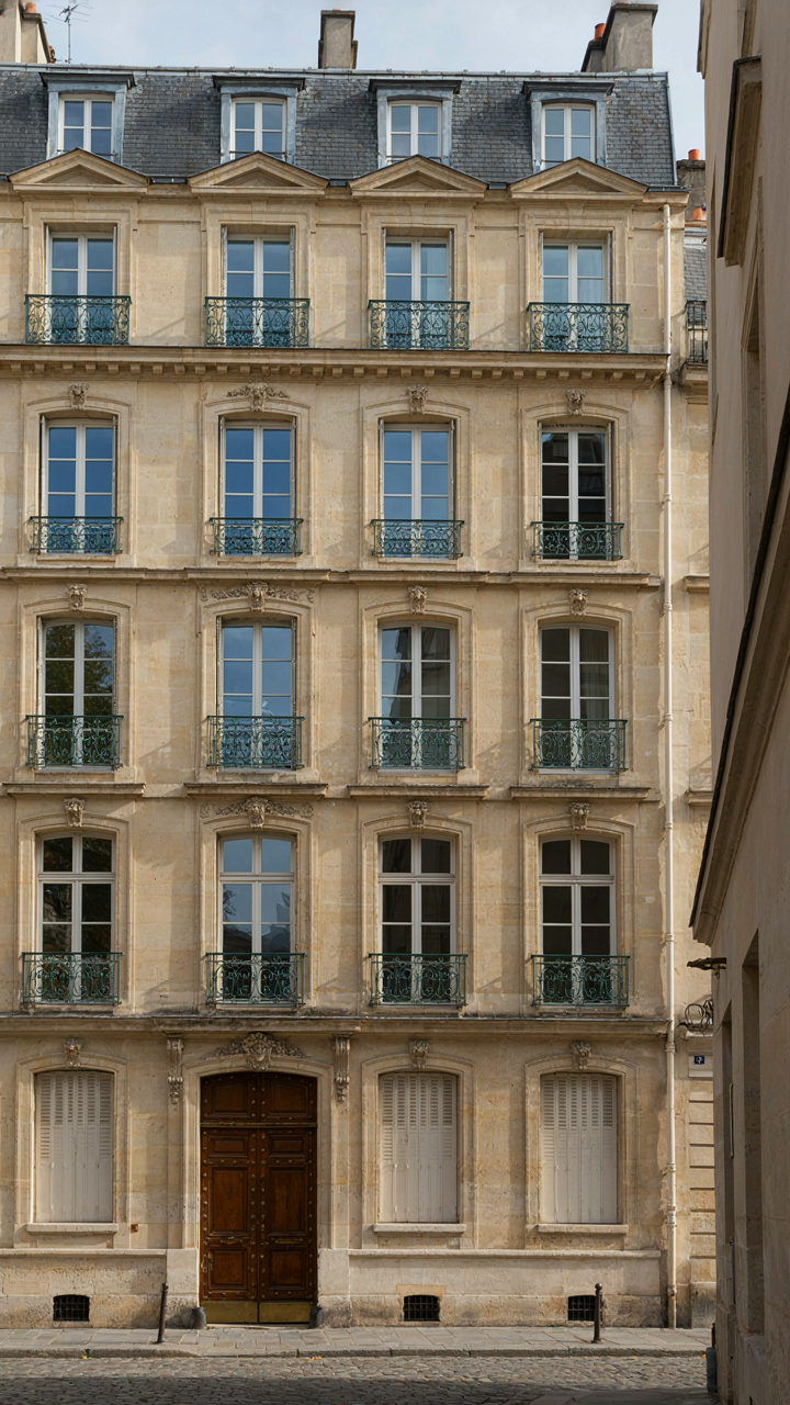 A facade of a traditional French building showing balanced proportions and timber details.