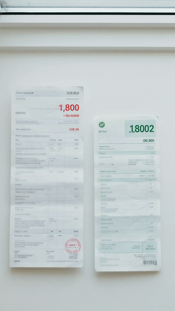 Two utility bills are shown side-by-side, one much lower.