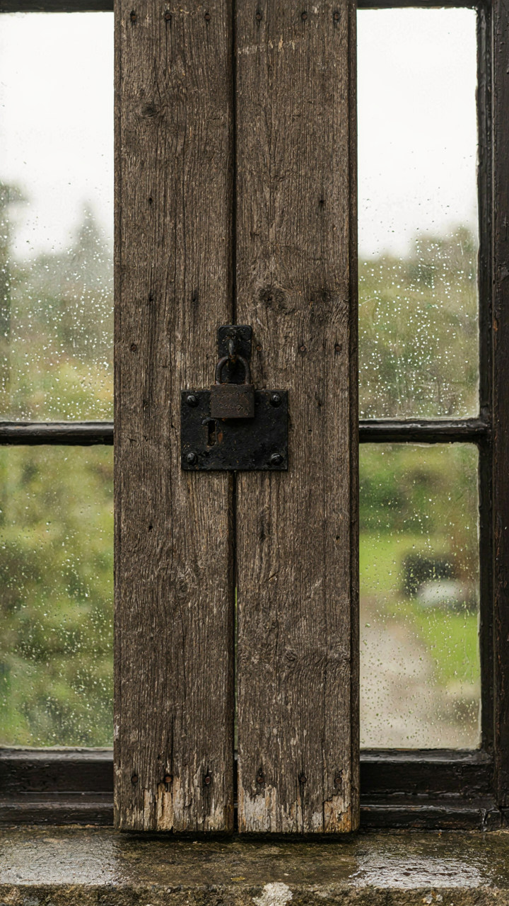 A closed wooden shutter with a metal latch during a rainstorm.