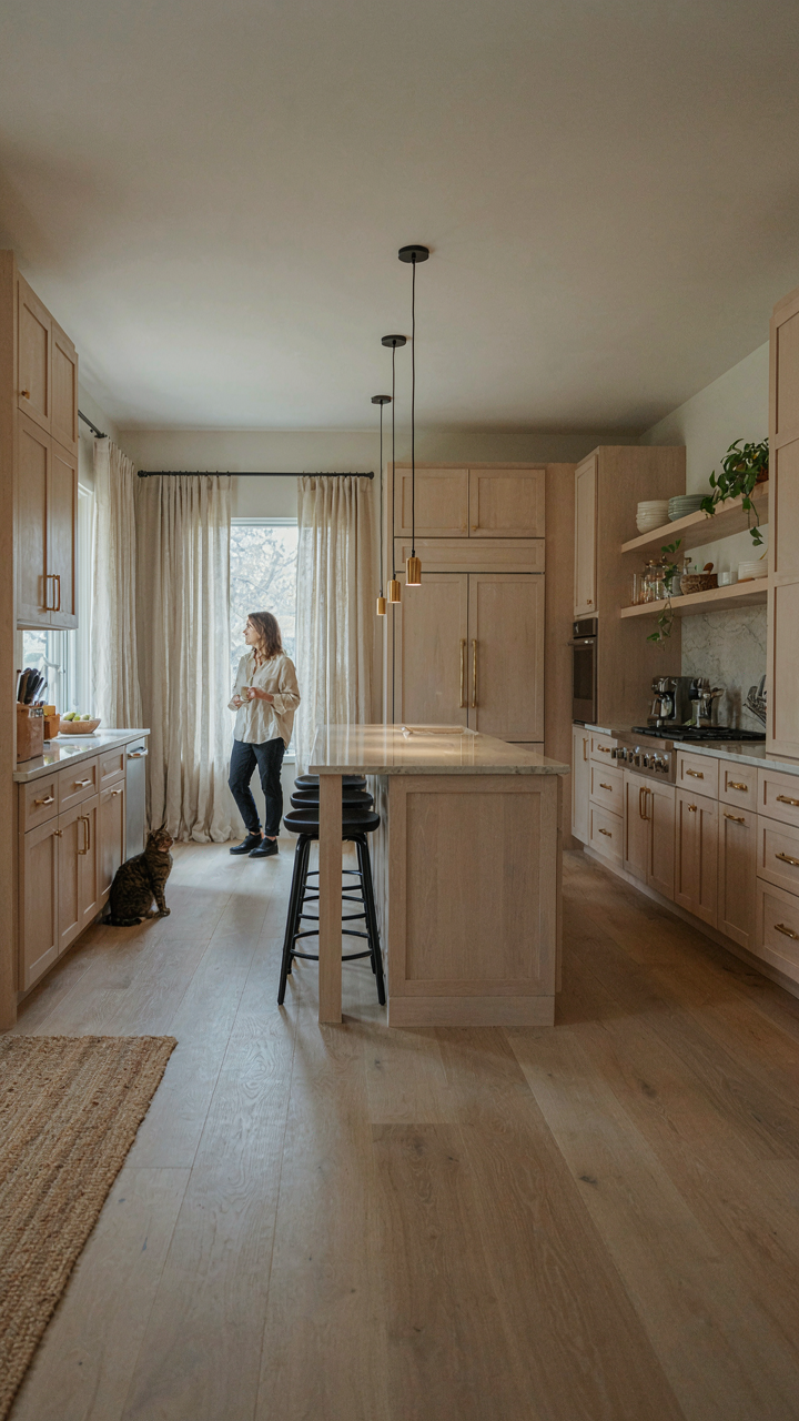 A modern, open-concept ranch house kitchen with updated features.