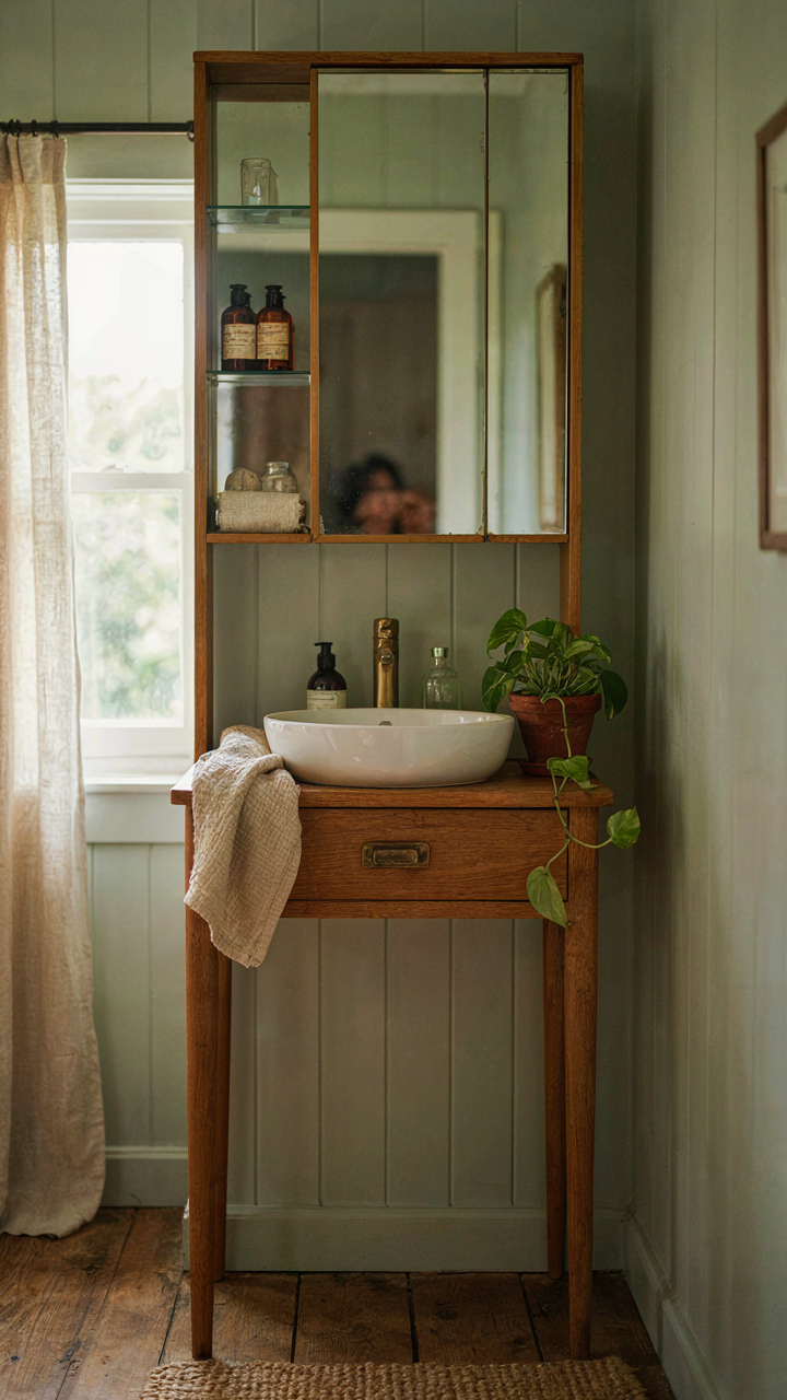 A tall, narrow cottage bathroom vanity with long legs fits a small upstairs bathroom.