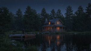 A charming vacation cottage by a serene lake at dusk, a rowboat awaits on the water.