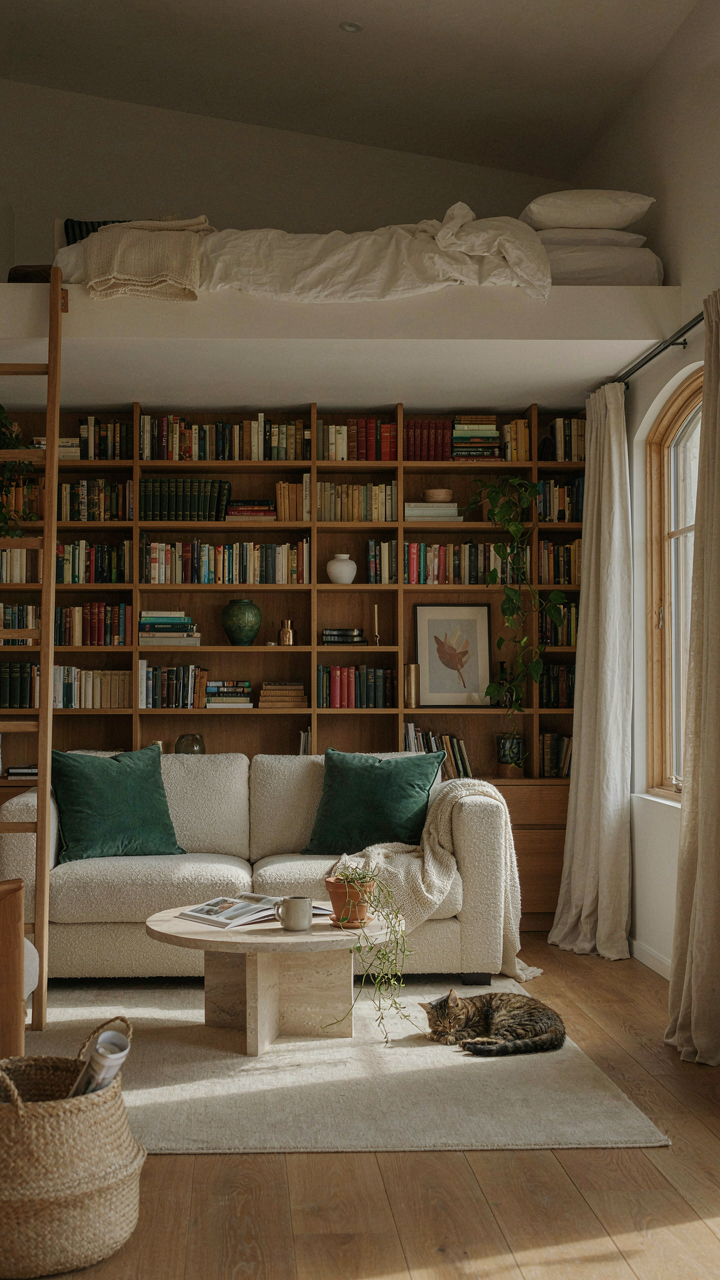 A living room with tall built-in shelves and a lofted sleeping area.