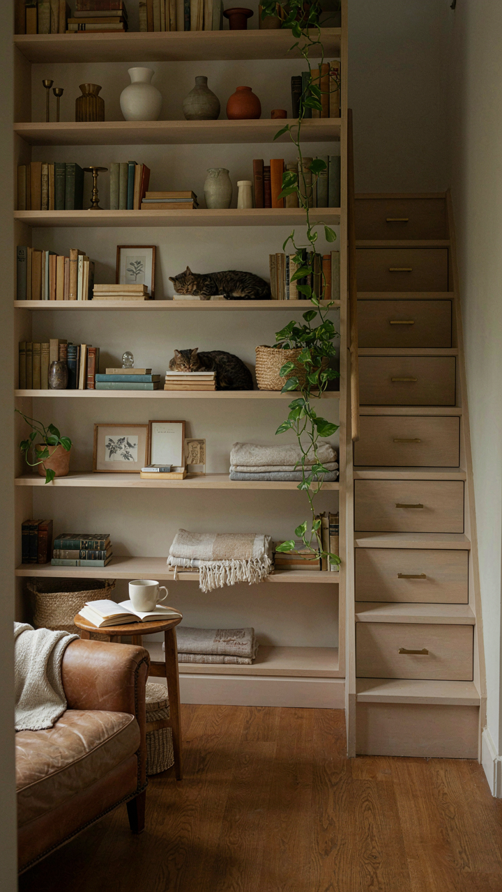 Floor-to-ceiling built-in shelves and a storage staircase in a small loft cabin.