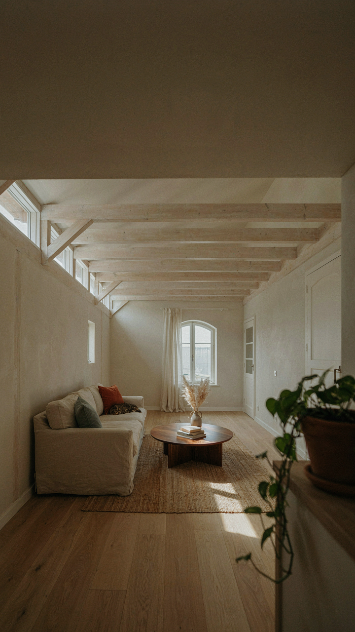 Open cottage with vaulted ceiling, exposed beams, and angled clerestory windows.