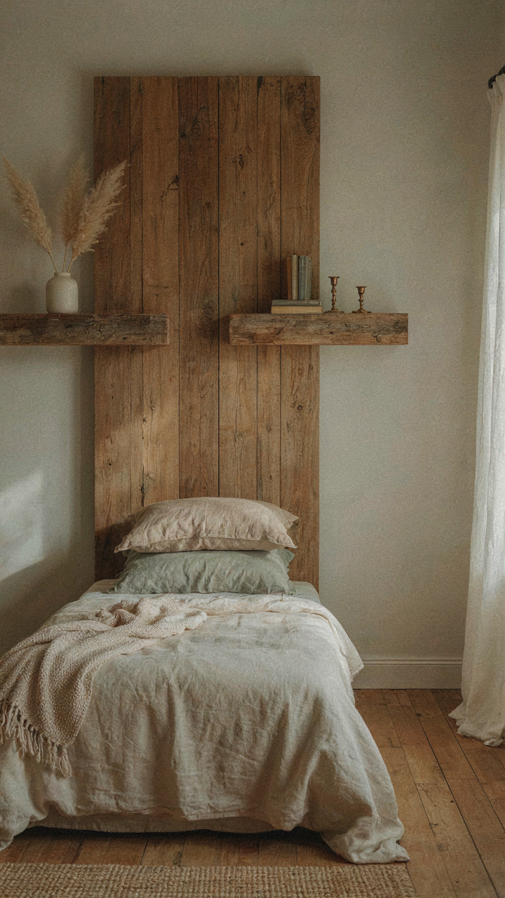 A tall wooden headboard and floating shelves in a small farmhouse bedroom.