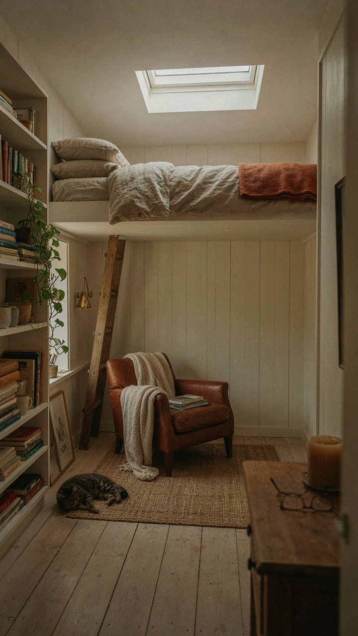 A small farmhouse bedroom with a sleeping loft and tall built-in shelves.