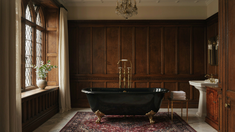 A luxurious victorian bathroom interior with a freestanding clawfoot tub and brass fixtures.