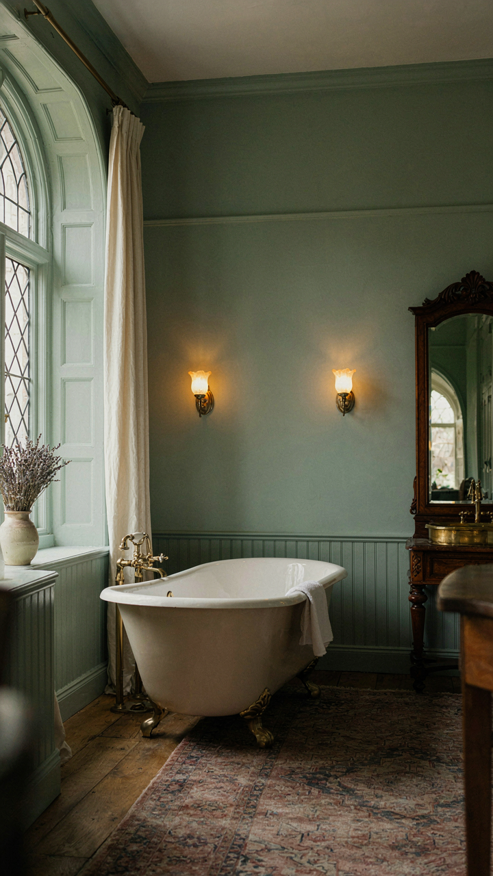 A warm victorian bathroom with period sconces casting a soft glow on the walls.