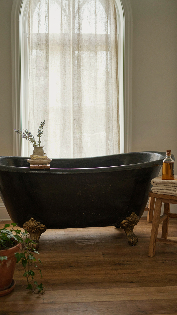 An antique cast iron clawfoot tub showing a gentle patina and water spots.