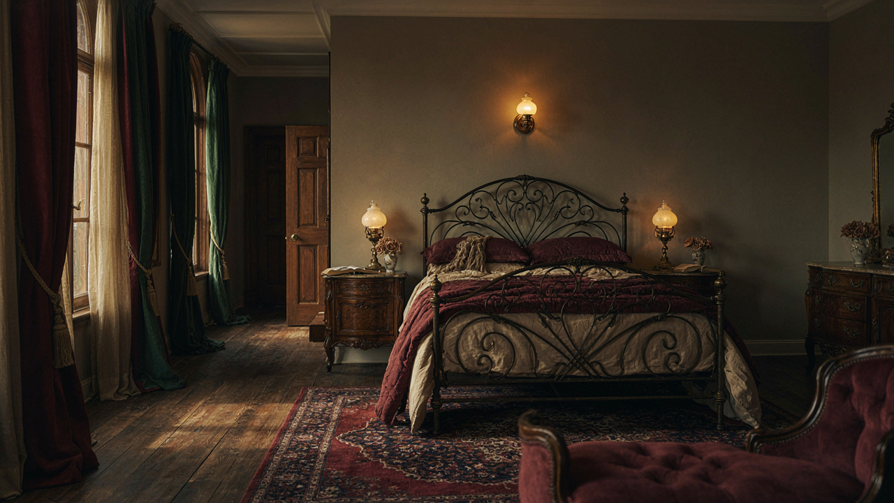 An opulent Victorian bedroom with a large bed, heavy drapes, and ornate dark wood furniture.