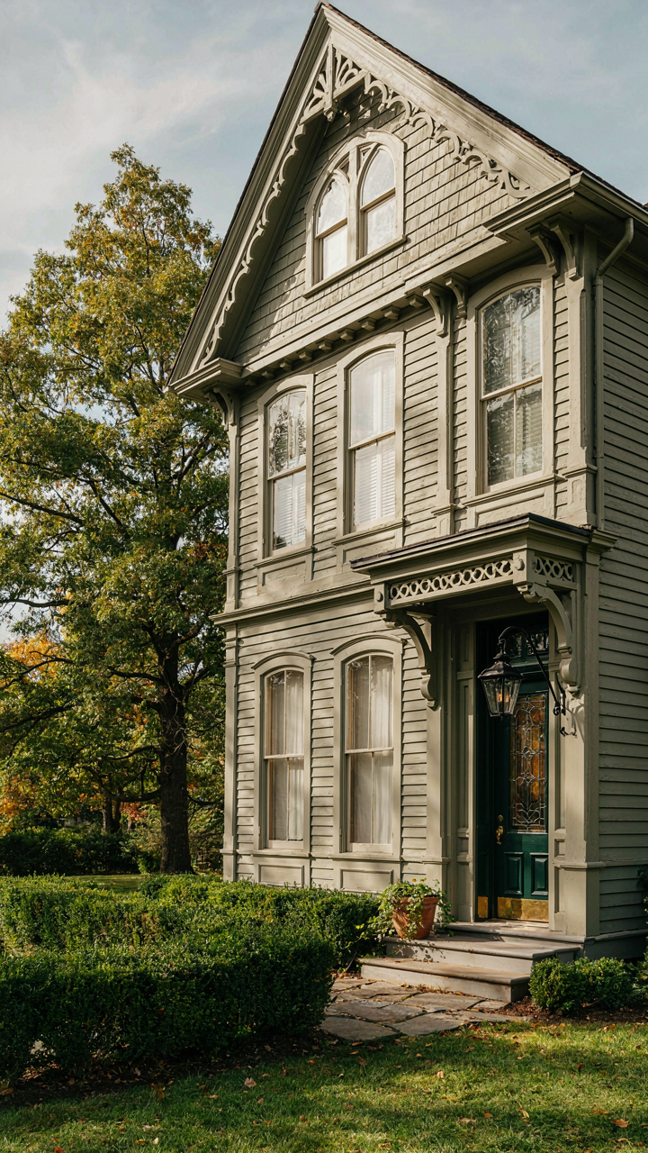 A neatly pruned boxwood hedge frames the front of a victorian cottage.