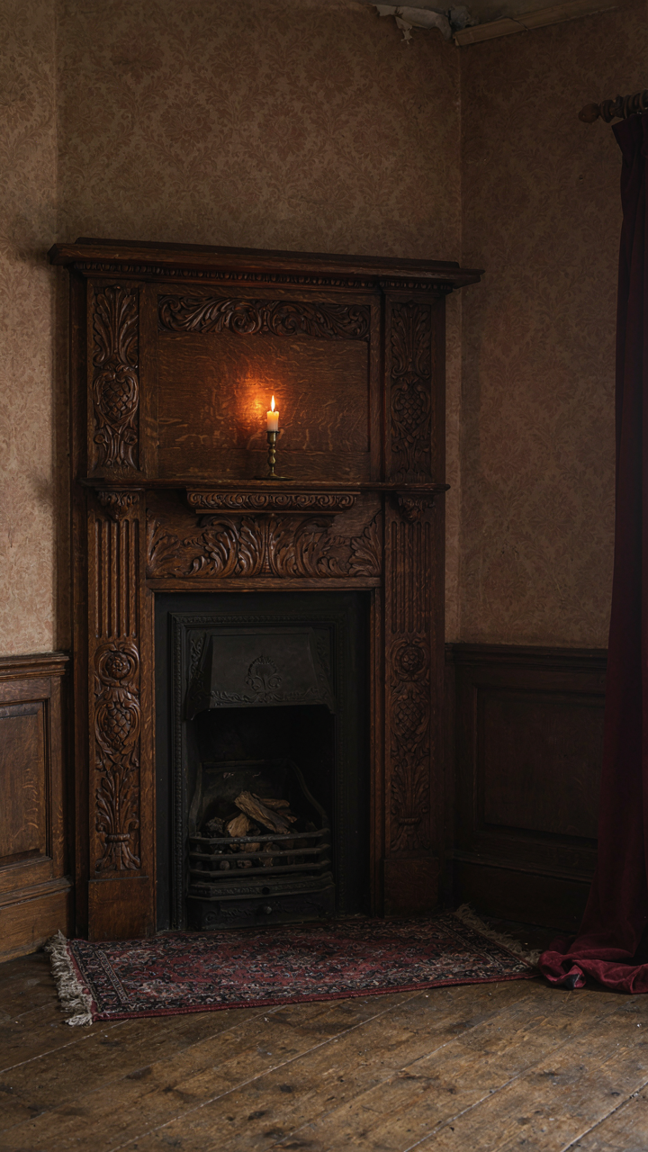 A richly carved wooden fireplace surround is the centerpiece of a small room.
