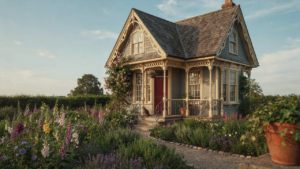 A charming victorian cottage with a vibrant, manicured garden in front.