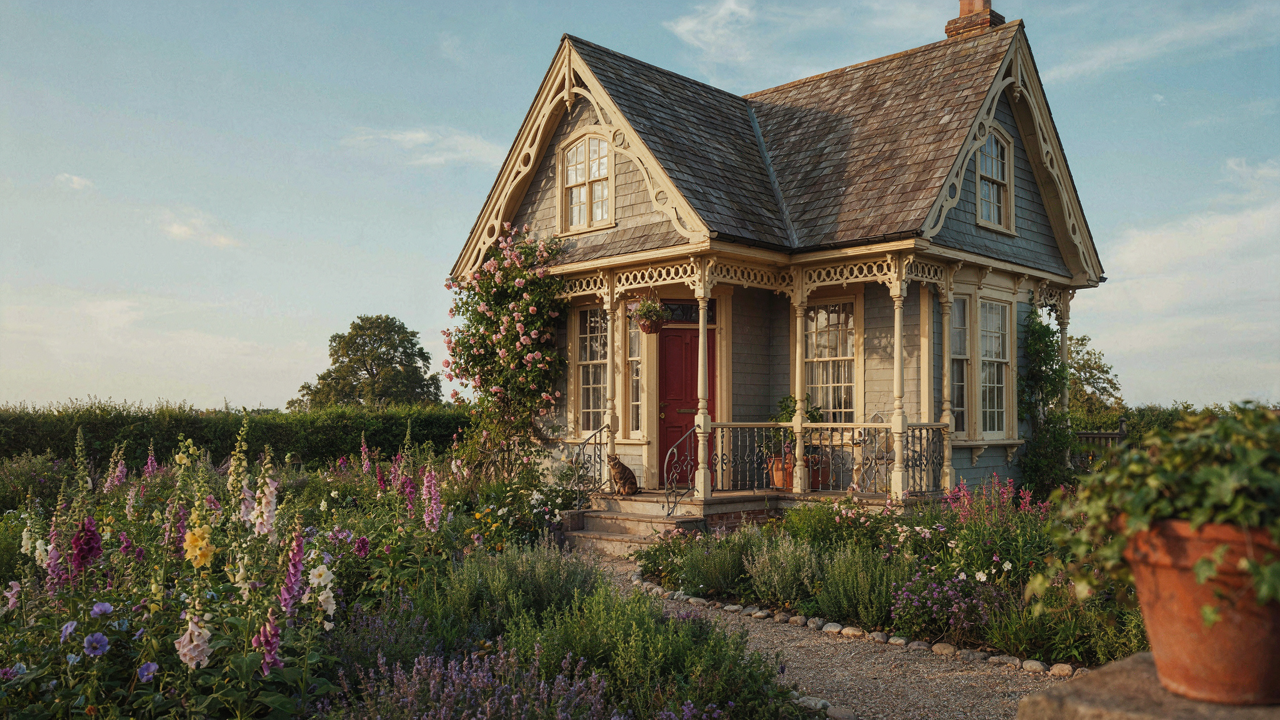 A charming victorian cottage with a vibrant, manicured garden in front.