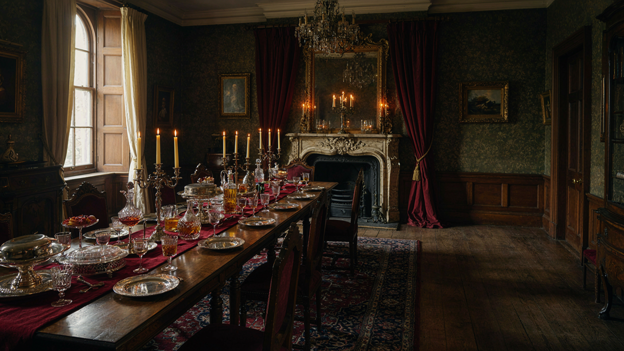 A grand Victorian dining room, featuring a polished table, elegant place settings, and dark ornate