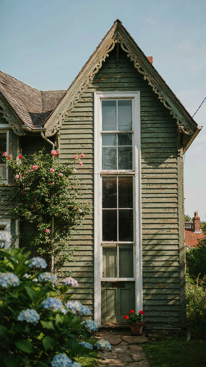 A victorian cottage exterior featuring narrow vertical trim around a window.